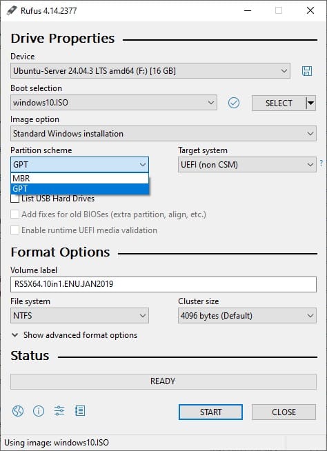 Rufus тохиргоо — Device, Partition scheme, File system